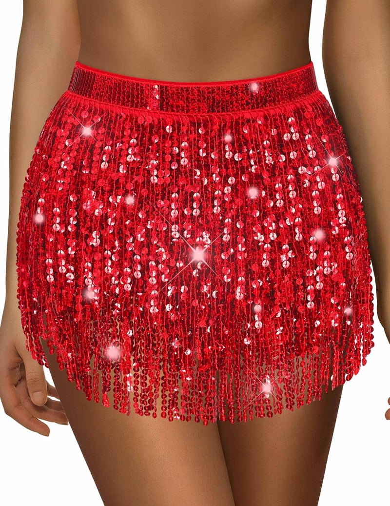 Sarfel Sequin Skirt for Women Sparkly Skirt for Women Shiny Tassel Skirts Glitter Belly Dance Hip Scarf Rave Outfit Halloween - Image 2